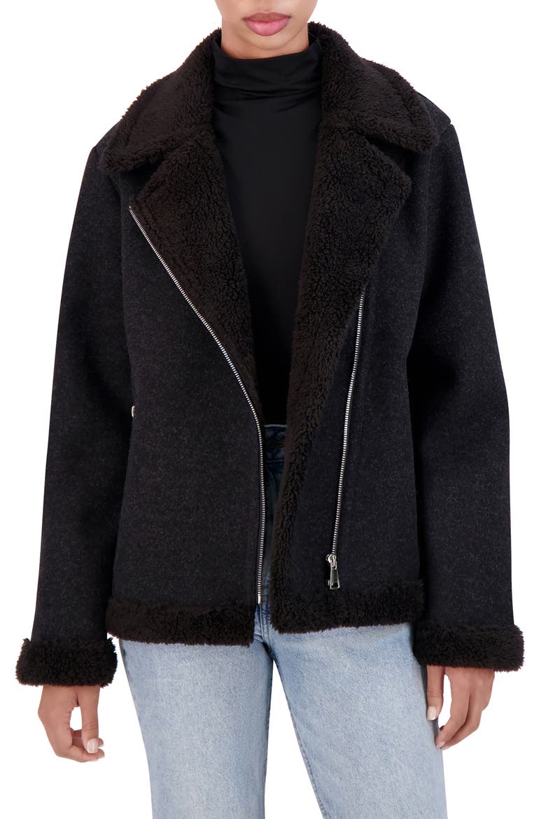 Asymmetric Faux Shearling Trim Faux Wool Moto Jacket, Alternate, color, BLACK