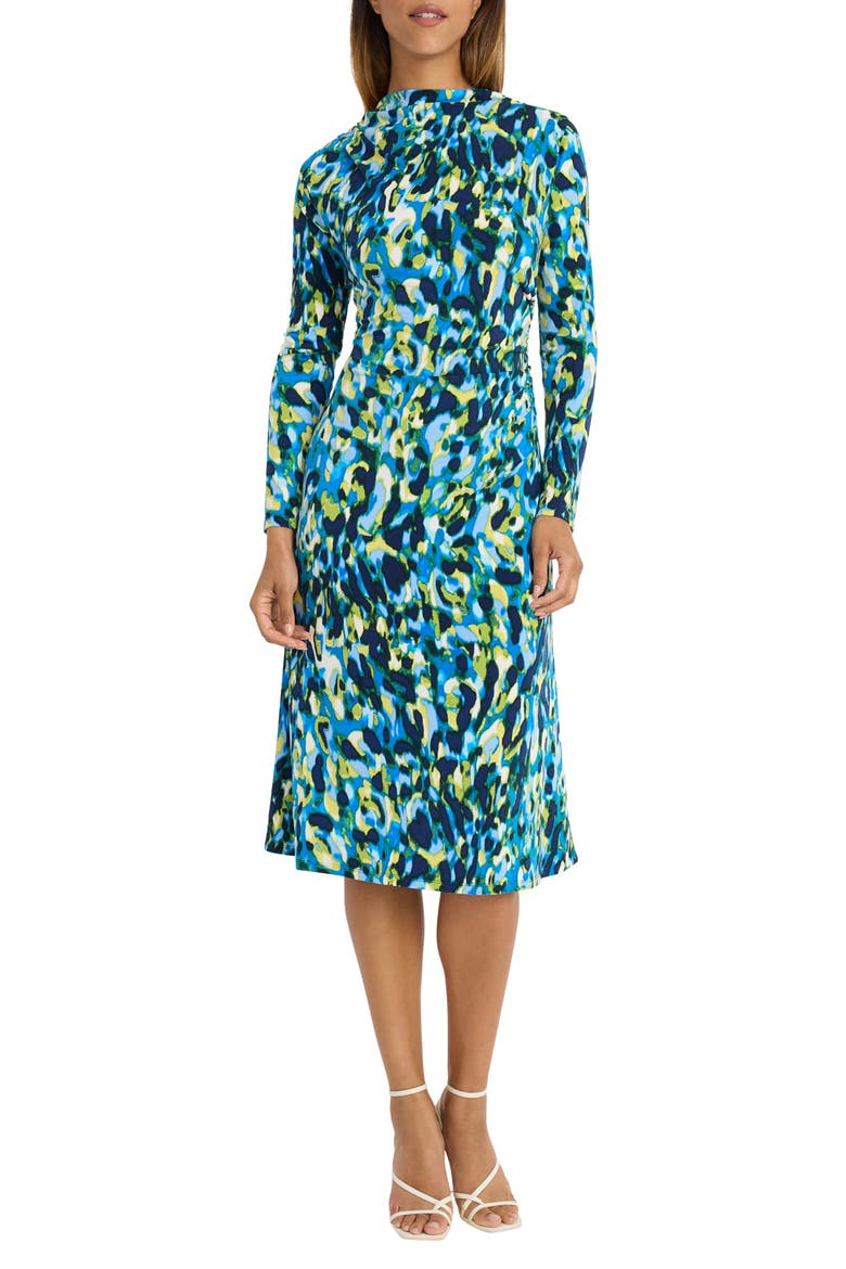 Funnel Neck Long Sleeve Draped Waist Midi Dress, Main, color, ROYAL BLUE/ CAMPANULA BLUE