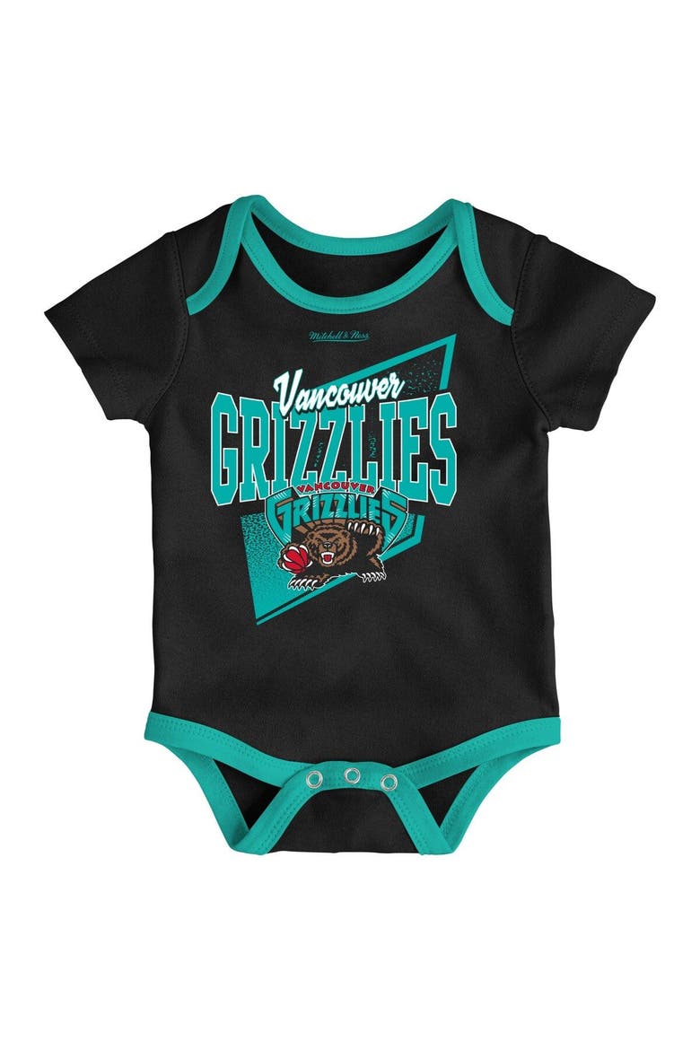 Infant Mitchell & Ness Black/Turquoise Vancouver Grizzlies Hardwood Classics Bodysuits & Cuffed Knit Hat Set, Alternate, color, Black