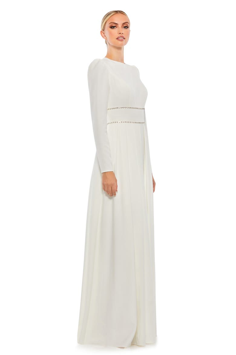 Empire Waist Long Sleeve Pleated Gown, Alternate, color, WHITE