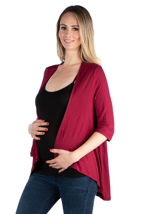 24seven Comfort Apparel Maternity Elbow Length Sleeve Open Cardigan In Burgundy
