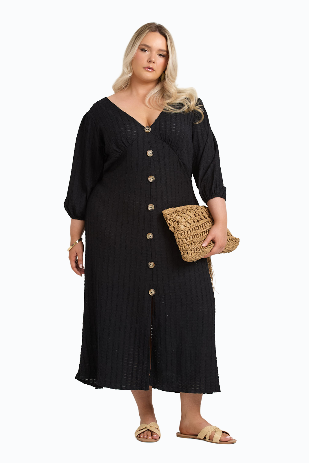 FASHION-SZN CURVE Balloon Sleeve Button Front Midi Dress in Black 