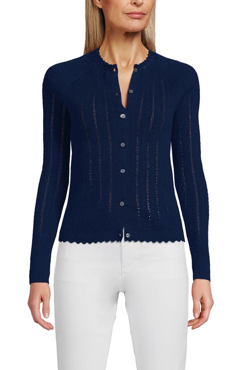 Cotton Pointelle Satin Trim Cardigan Sweater