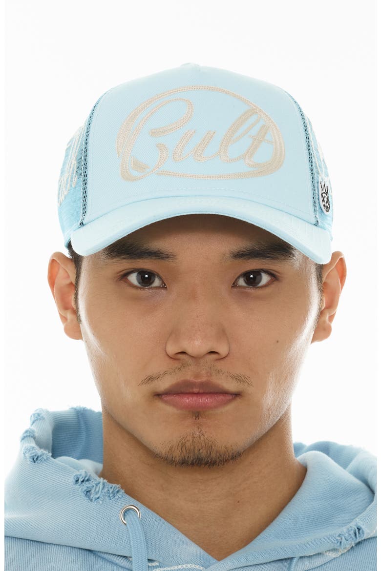 Rope Logo Snapback Trucker Hat, Alternate, color, BLUE GLOW