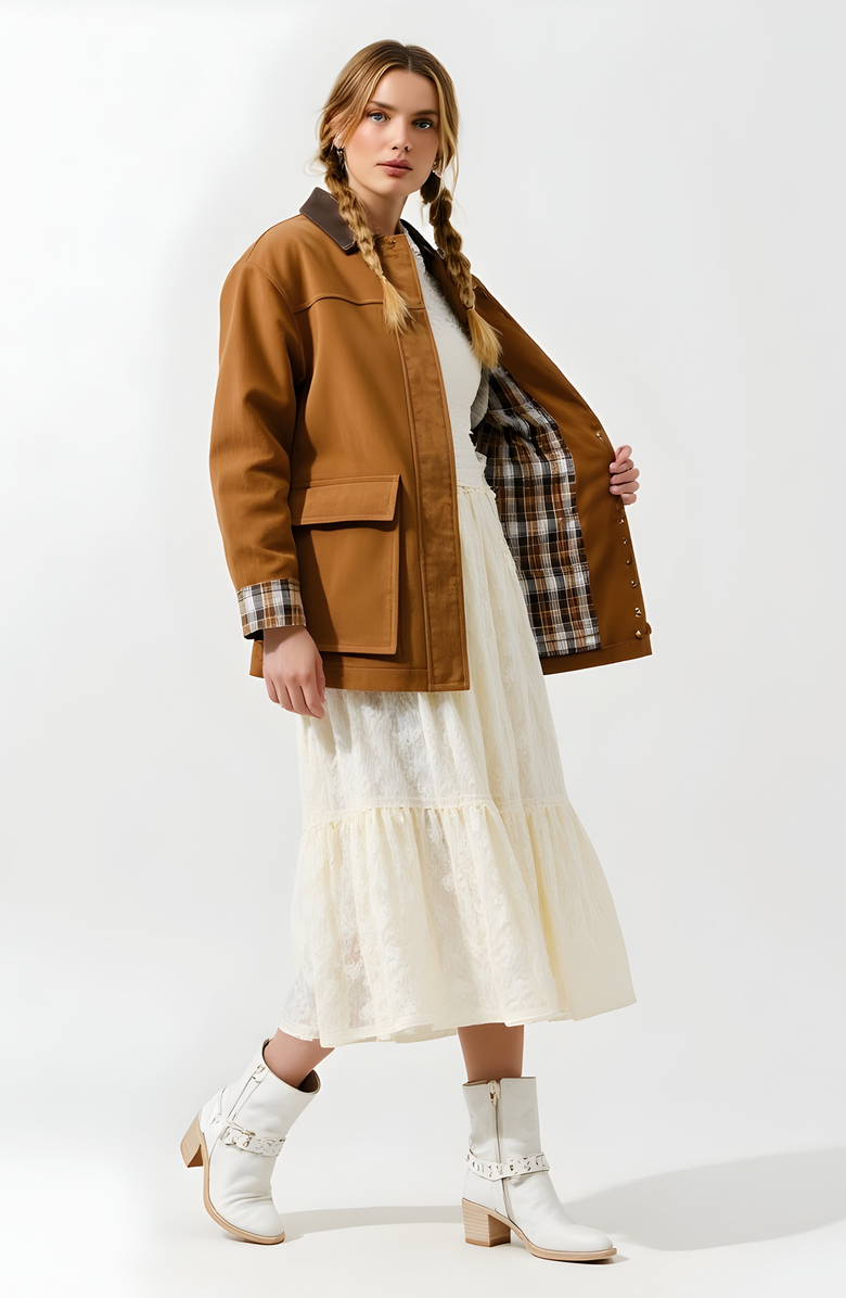 Modenaire Long Utility Jacket with Plaid Lining, Buckle Cuffs and Flap Pockets, Alternate, color,