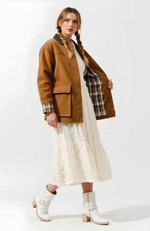 Modenaire Long Utility Jacket With Plaid Lining, Buckle Cuffs And Flap Pockets In Brown