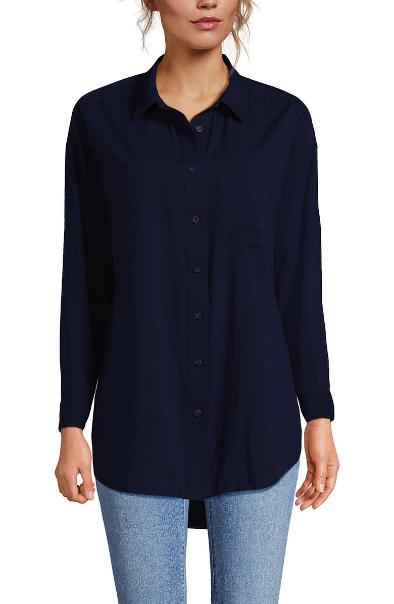 Lands' End Plus Size Cotton Voile Billowy Oversized Shirt, Main, color, Deep Sea Navy