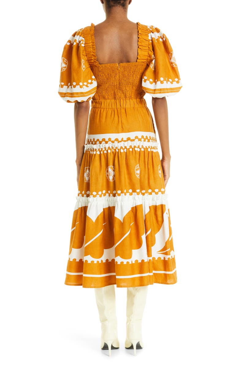 Sea Liora Puff Sleeve Cutout Linen & Cotton Dress, Alternate, color, Mustard