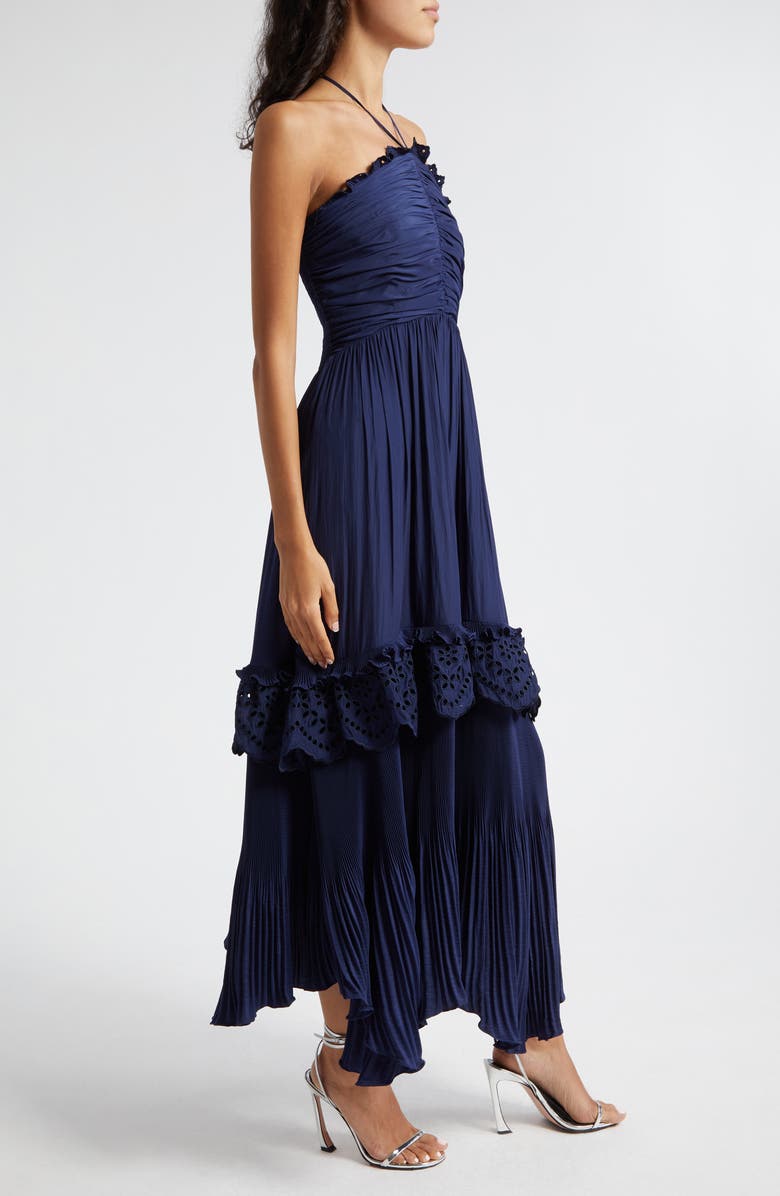 Ramy Brook Dulce Eyelet Ruffle Plissé Halter Maxi Dress, Alternate, color, Spring Navy