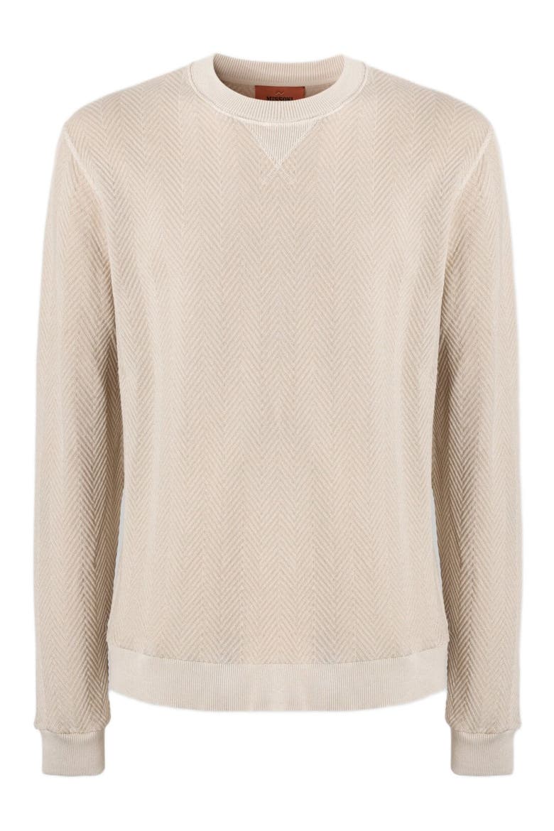 Crew-neck Cotton And Viscose Sweatshirt With Tone-on-tone Zigzag Pattern, Alternate, color, Beige