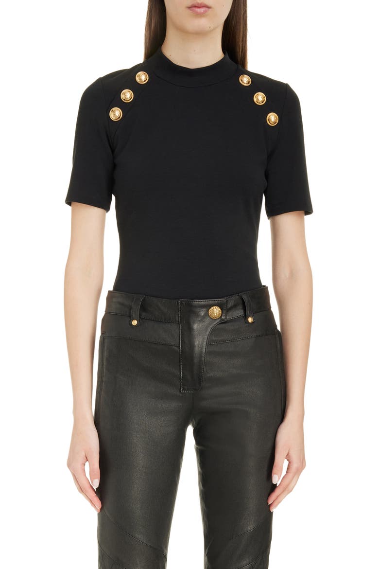 Button Detail Mock Neck T-Shirt, Main, color, BLACK