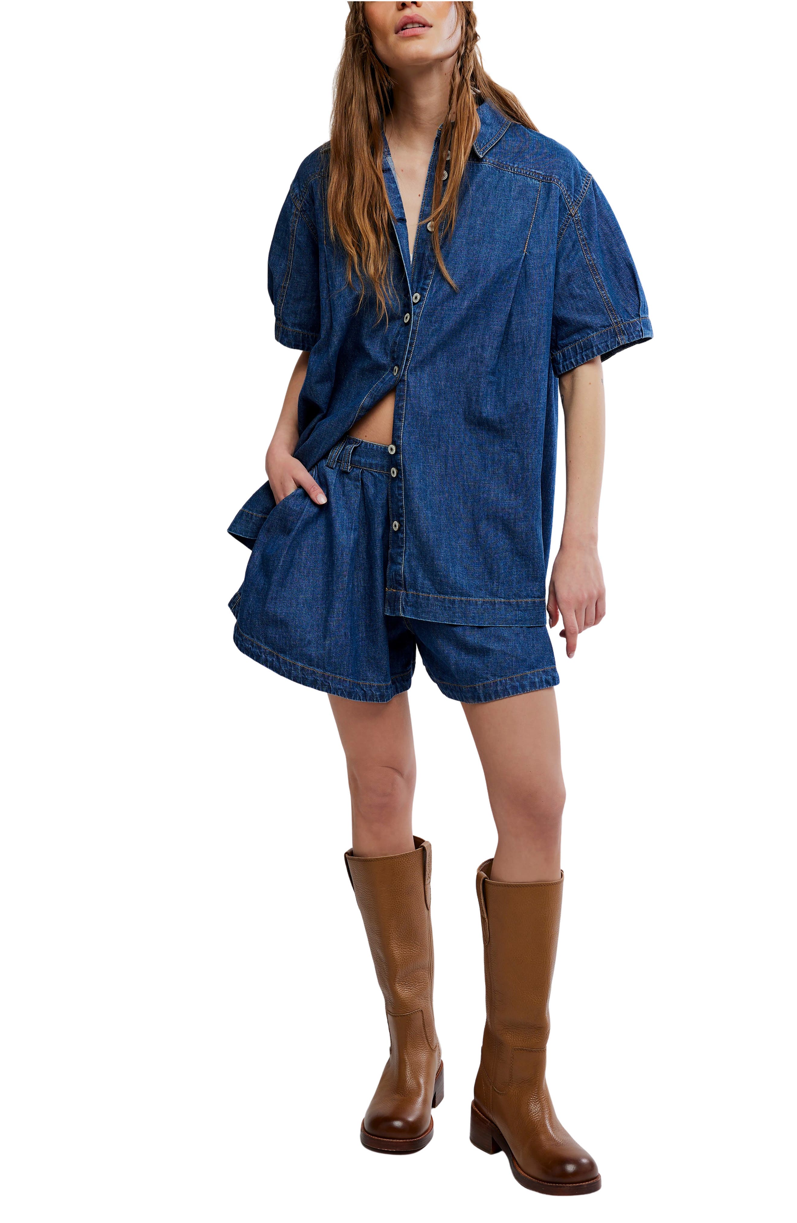 Free People Griselda Denim Shirt & Shorts Set