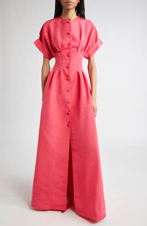 Cuffed Short Sleeve Button Front Silk Faille Gown