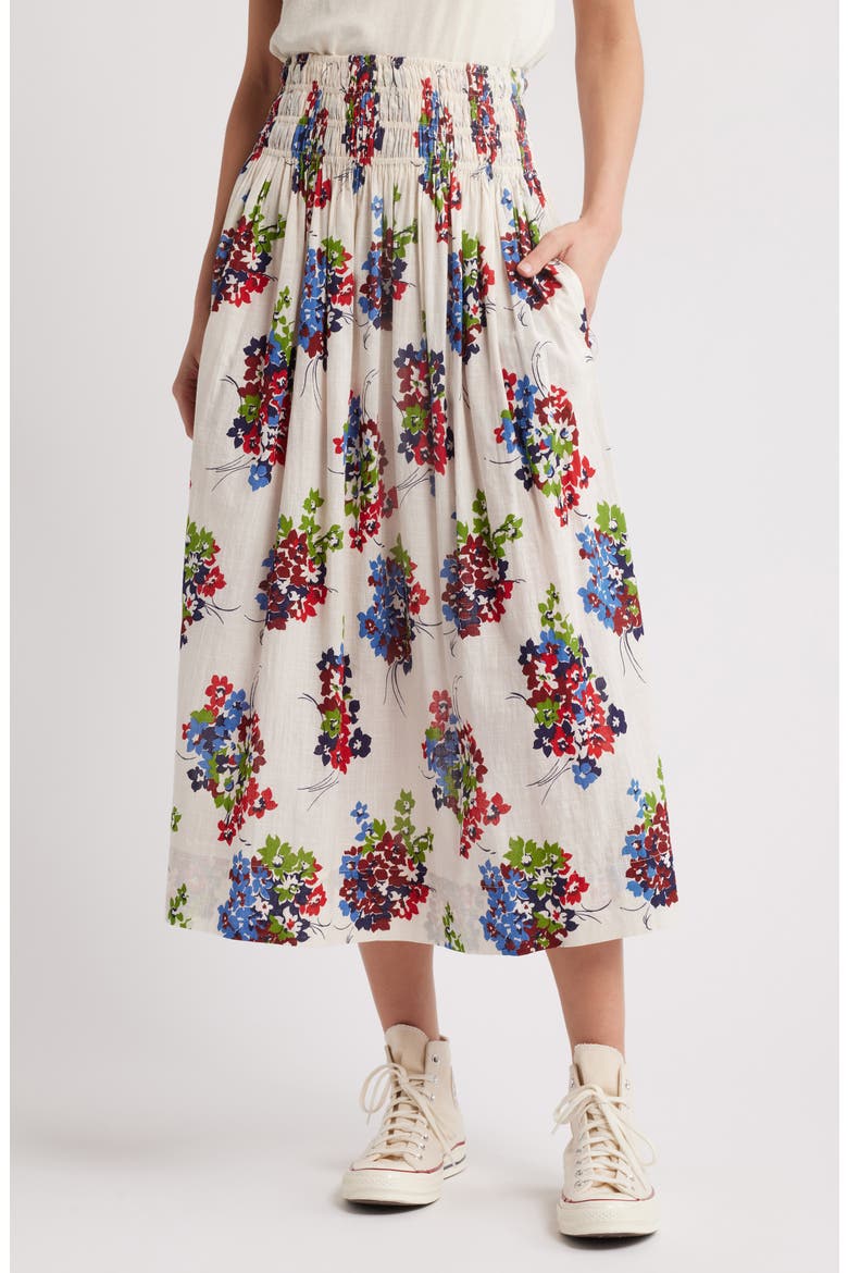 The Viola Floral Smocked Waist Cotton Midi Skirt, Main, color, OASIS FLORAL