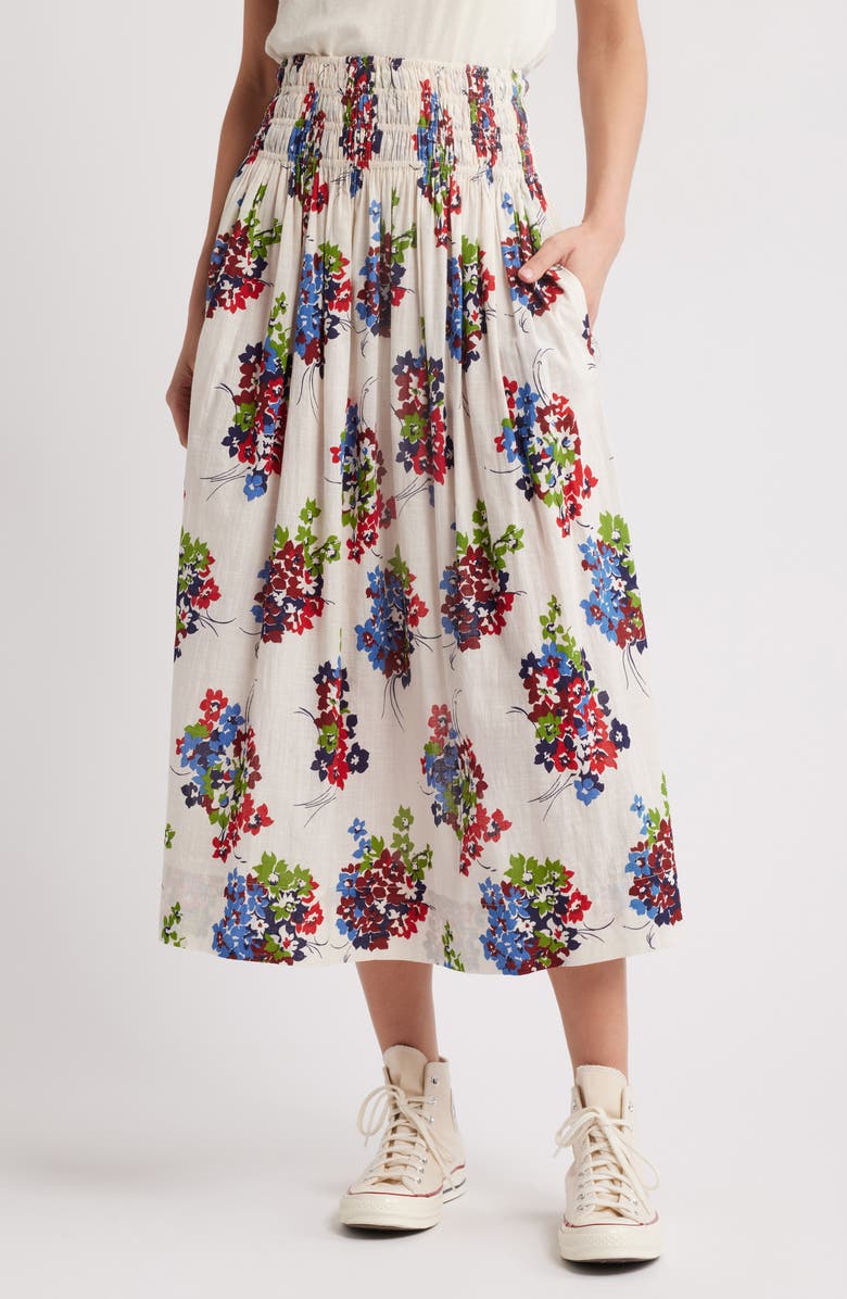 THE GREAT. The Viola Floral Smocked Waist Cotton Midi Skirt, Main, color, Oasis Floral