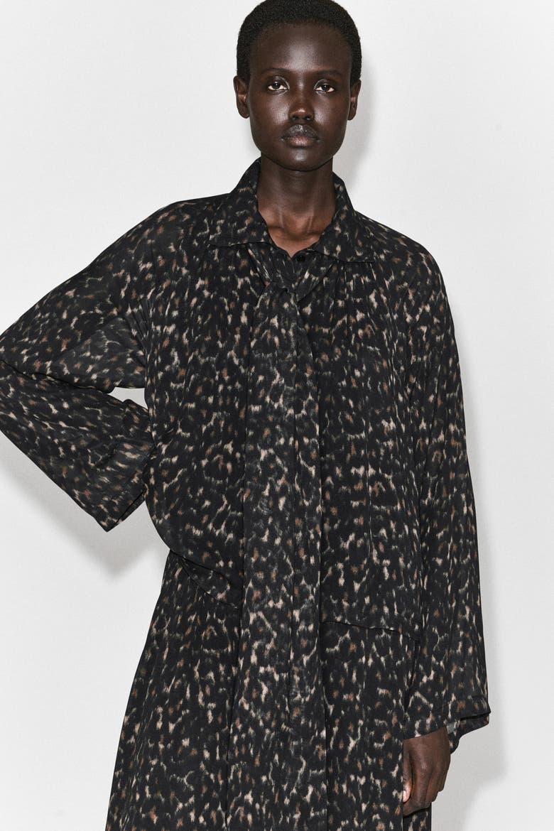 Leopard-Print Fluid Scarf-Detail Dress, Alternate, color, BROWN / LEOPARD PRINT