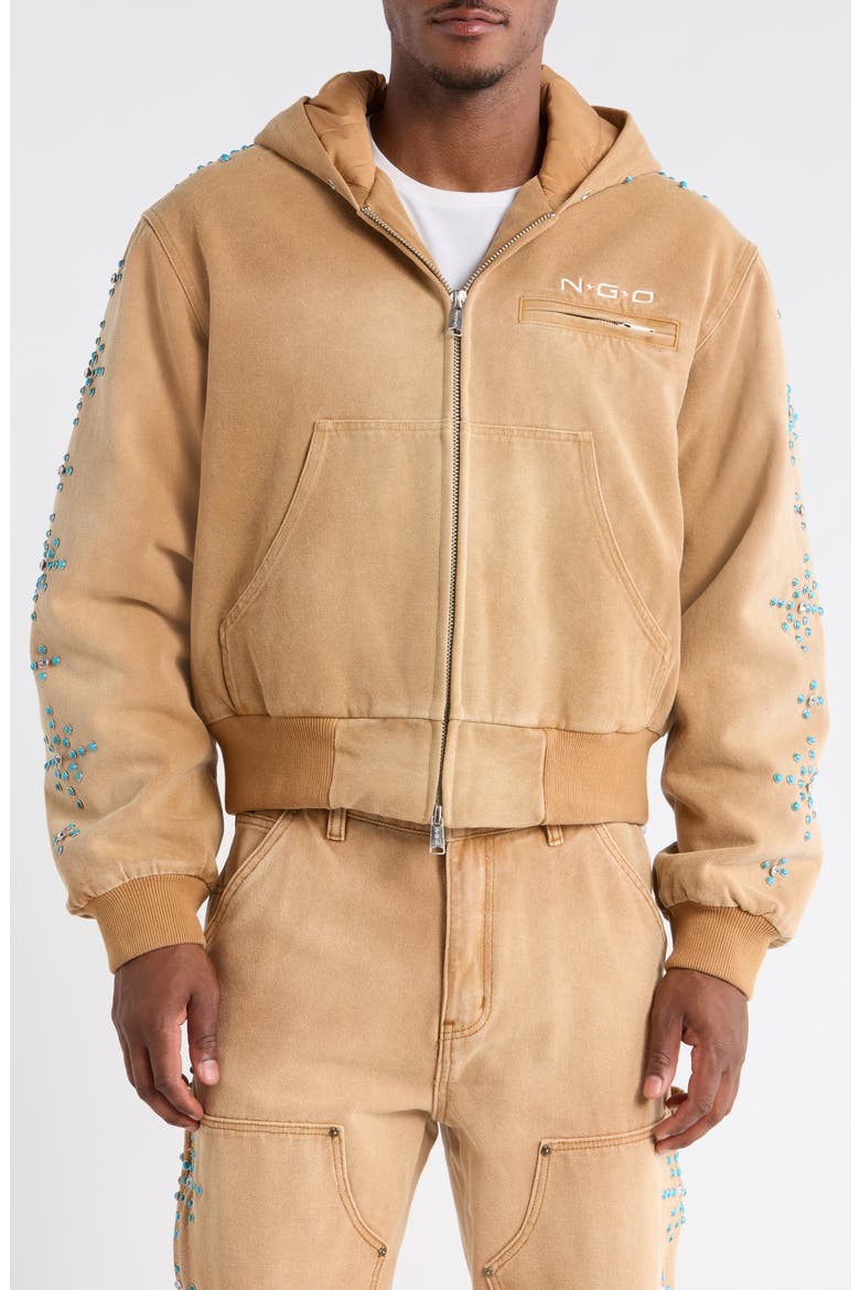 Turquoise Studded Cotton Canvas Hooded Jacket, Alternate, color, LIGHT BROWN