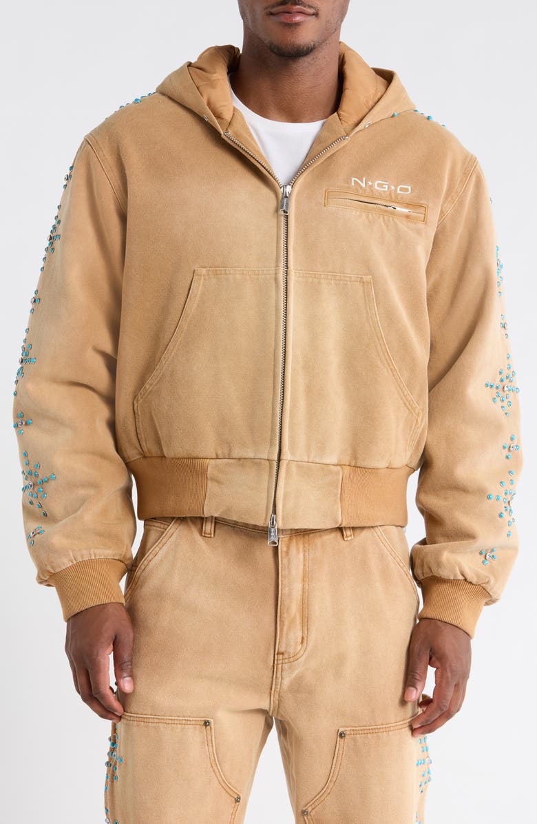 Nothing Grows Overnight Turquoise Studded Cotton Canvas Hooded Jacket, Alternate, color, Light Brown