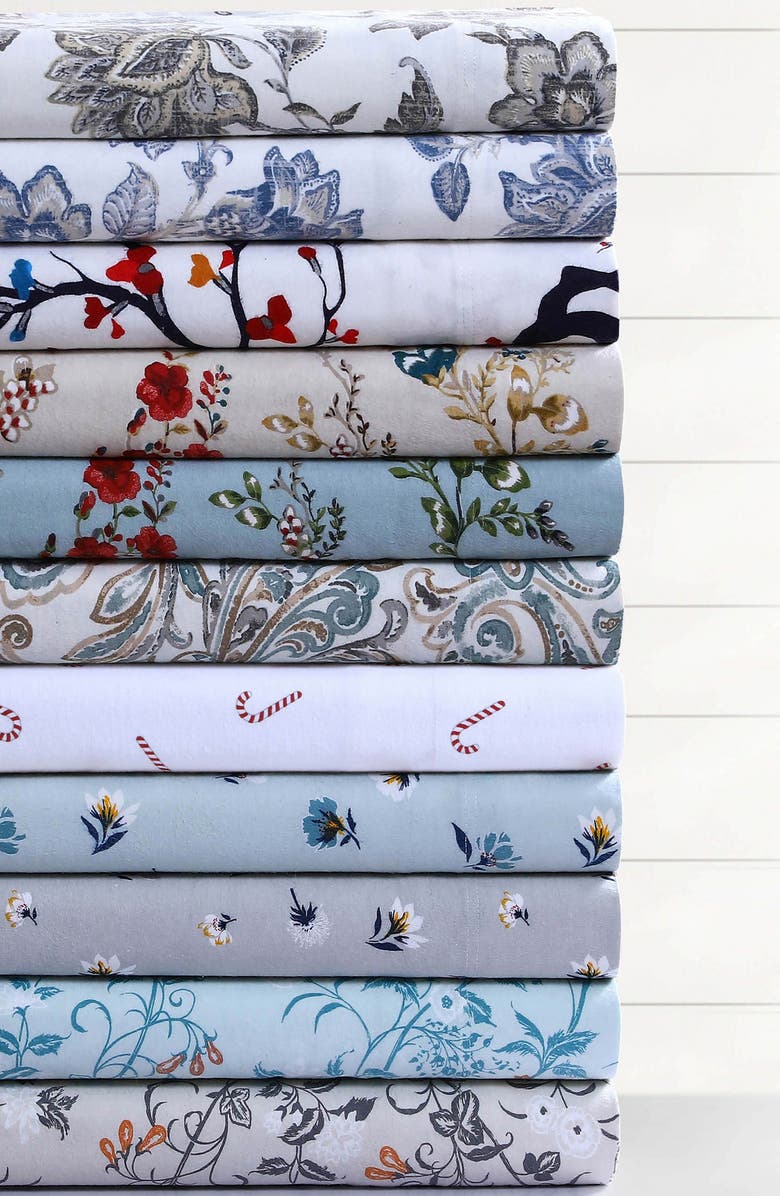 AZORES HOME Katy Floral Cotton Flannel Sheet Set, Alternate, color, Natural