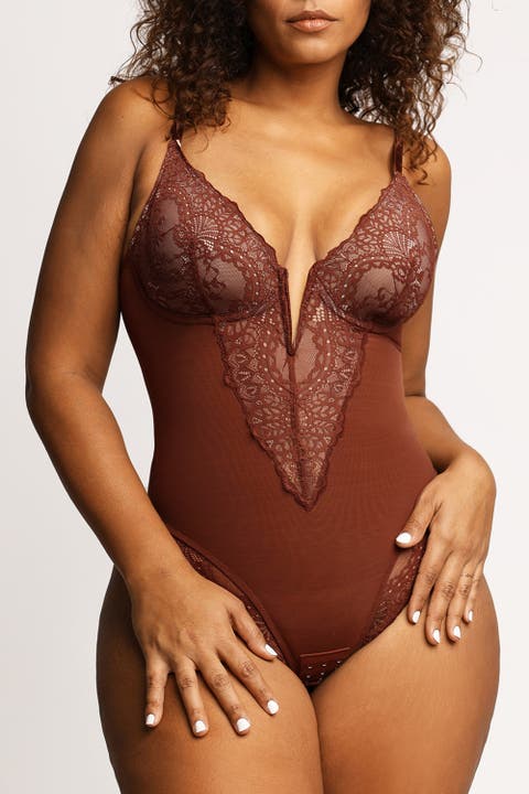Plus Size Shapewear Lace Deep V-Neck Sculpting Thong Bodysuit