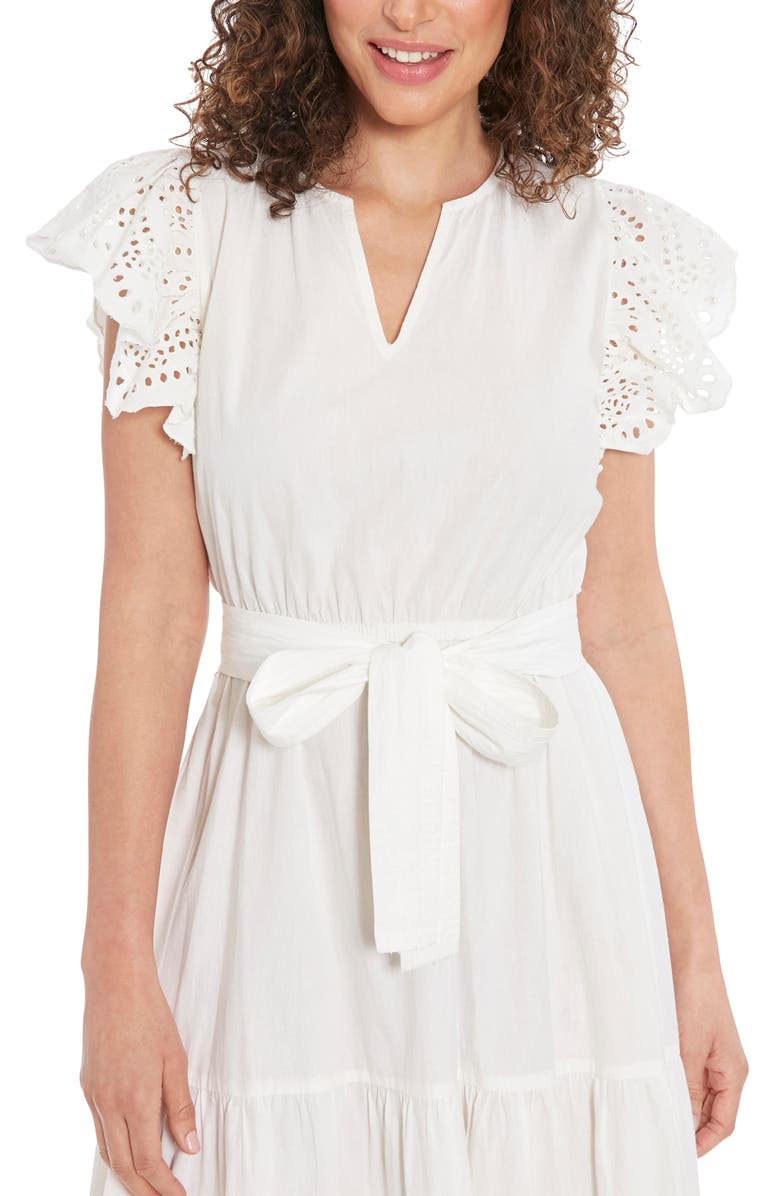 London Times Eyelet Flutter Sleeve Tiered Midi Dress, Alternate, color,