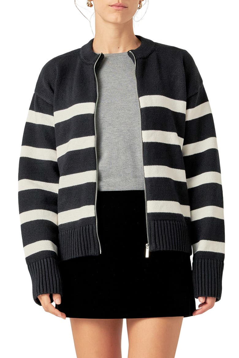 Stripe Zip-Up Cardigan, Main, color, BLACK/ IVORY