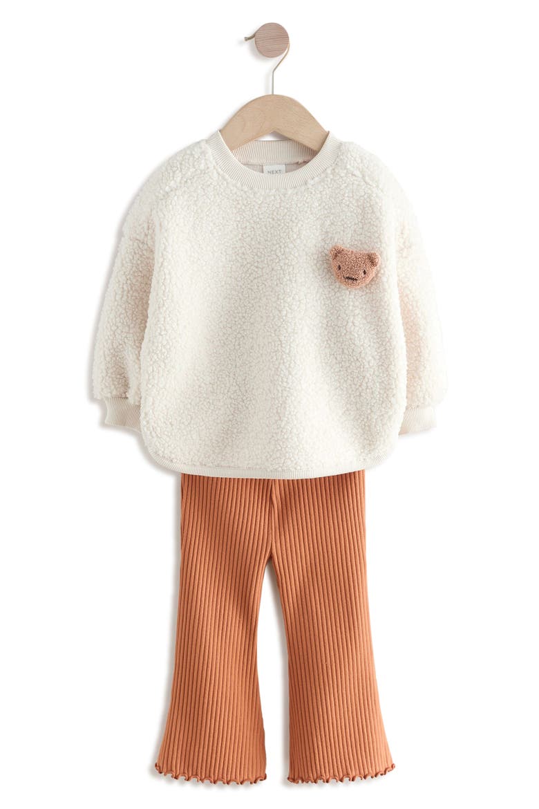 Kids' Fuzzy Fleece Sweatshirt & Rib Flare Leg Pants Set, Main, color, CREAM