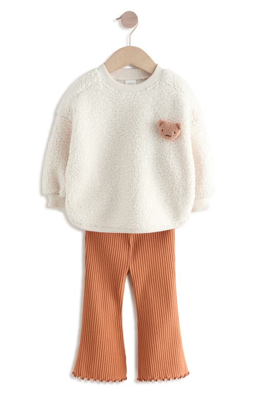 Next Kids' Fuzzy Fleece Sweatshirt & Rib Flare Leg Pants Set In White