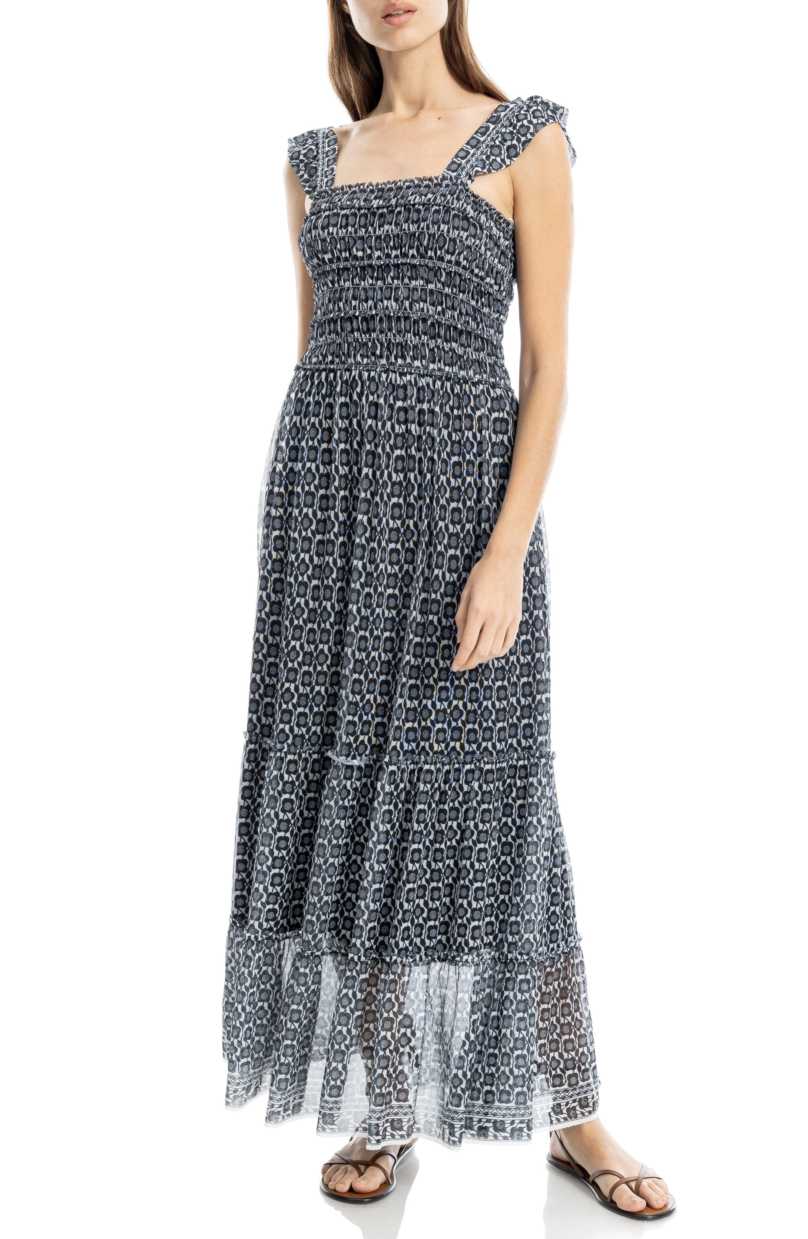 MAX STUDIO Women's Floral Ruffle Strap Smocked Tiered Chiffon Maxi Dress (Cream Black Small Poppy)
