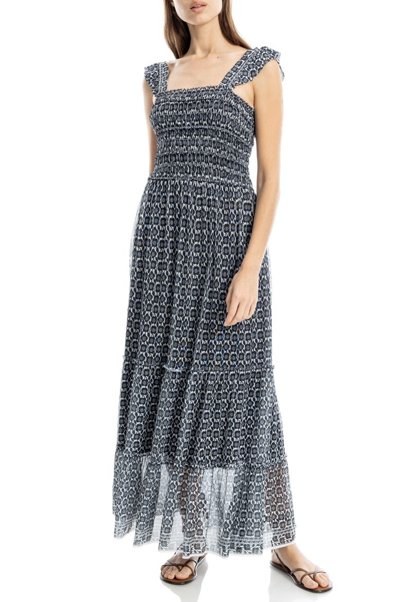 Floral Ruffle Strap Smocked Tiered Chiffon Maxi Dress, Alternate, color, CREAM/ BLACK SMALL POPPY