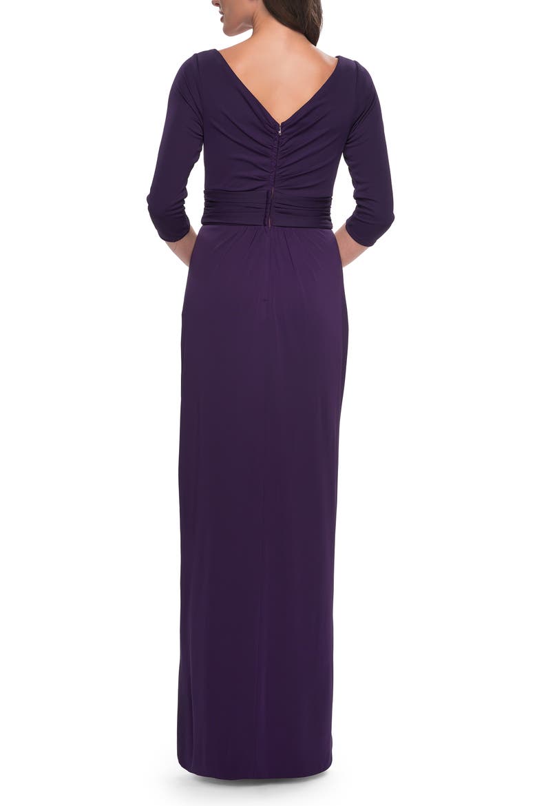 Simple Chic Jersey Dress with Ruched Waist and V Neckline, Alternate, color, Aubergine