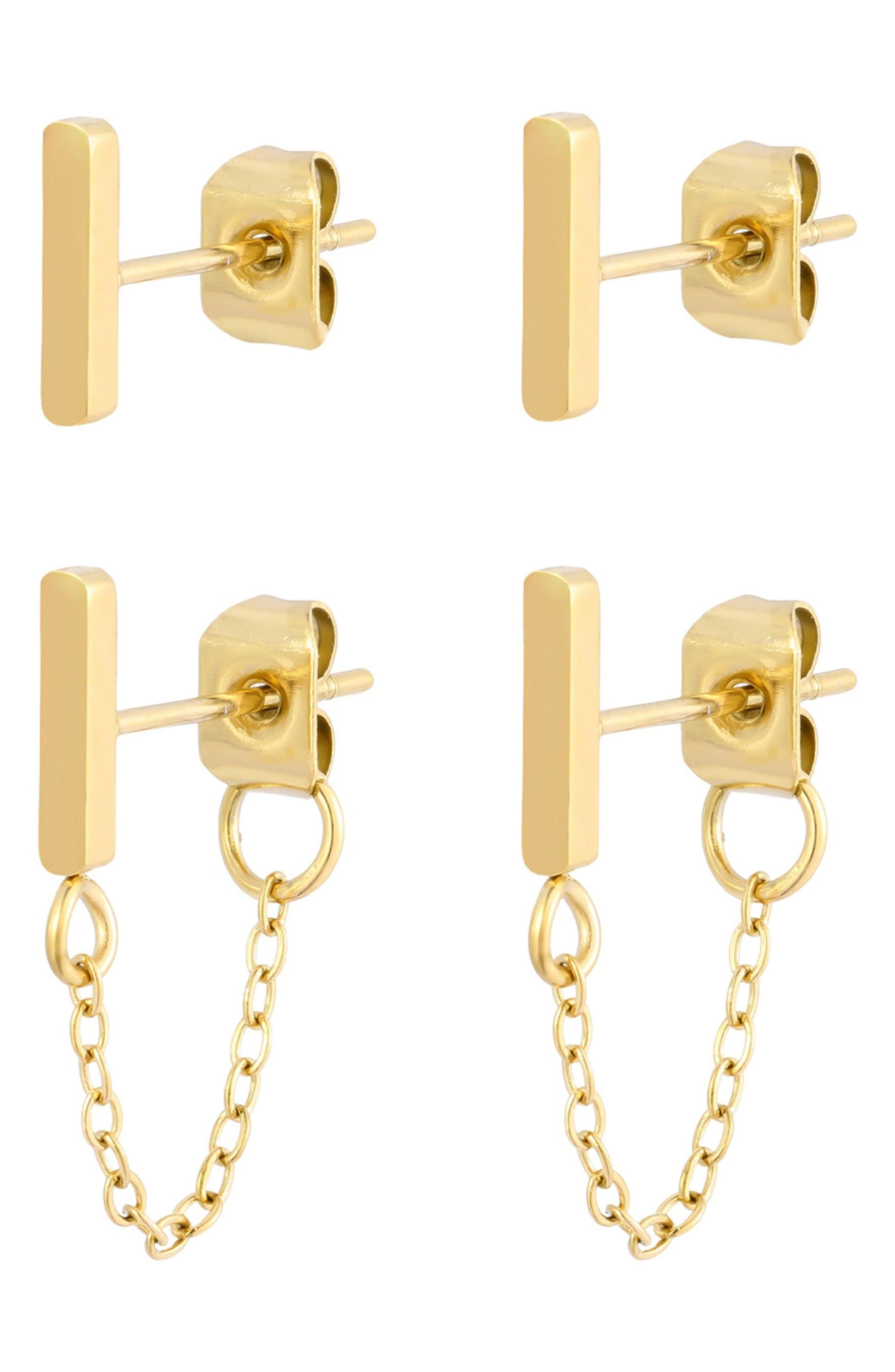 Adornia Set of 2 18K Gold Plated Bar Stud & Front/Back Earrings