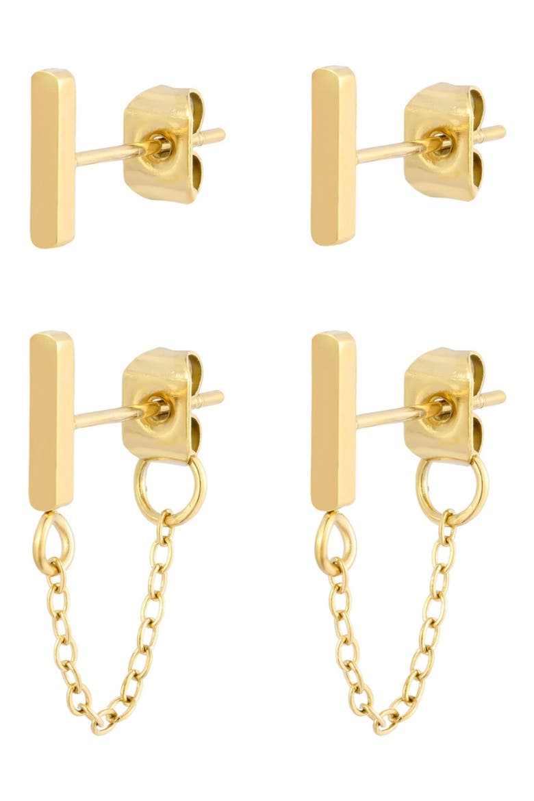 Set of 2 18K Gold Plated Bar Stud & Front/Back Earrings, Main, color, GOLD