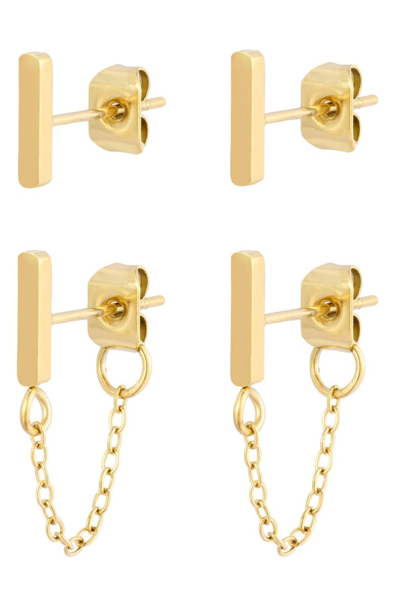 Adornia Set of 2 18K Gold Plated Bar Stud & Front/Back Earrings, Main, color, Gold