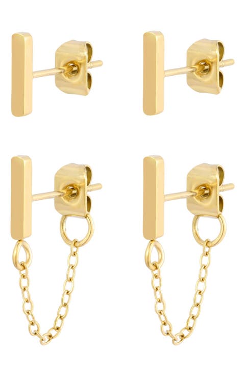 Set of 2 18K Gold Plated Bar Stud & Front/Back Earrings