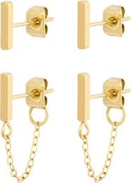 Adornia Set of 2 18K Gold Plated Bar Stud & Front/Back Earrings