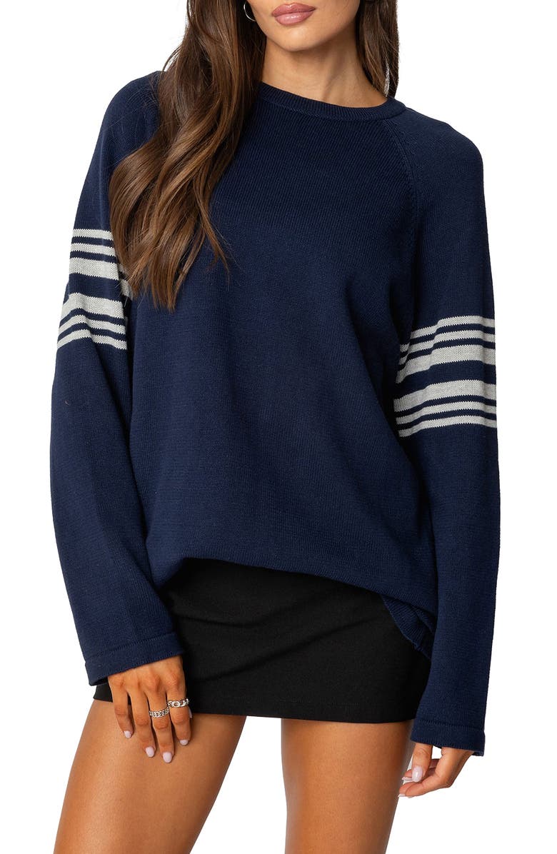 EDIKTED Contrast Stripe Oversize Sweater, Main, color, Navy