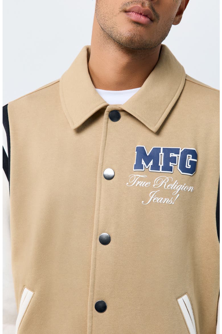 MFG Fleece Varsity Jacket, Alternate, color, TRAVERTINE/ WINTER WHITE