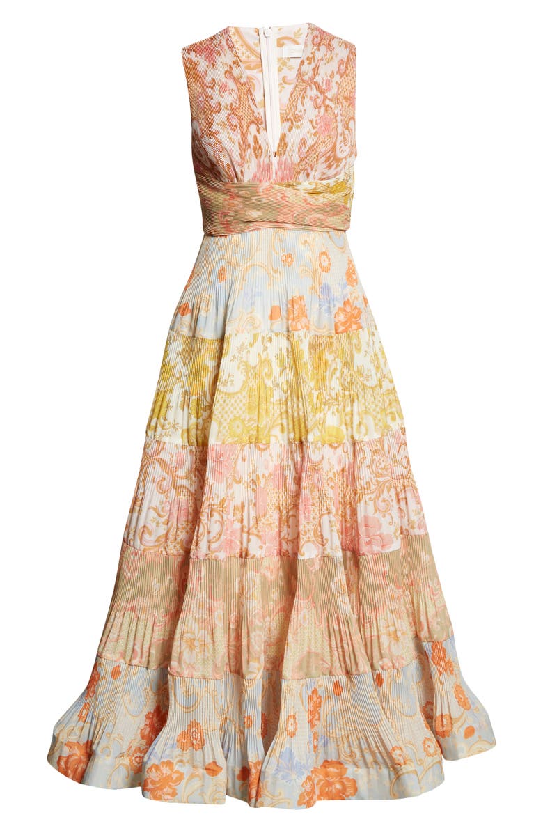 Zimmermann Postcard Pleat Patchwork Midi Dress, Alternate, color, 