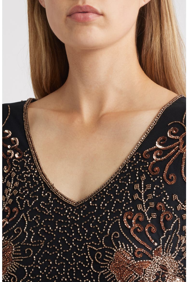 Beaded V-Neck Cocktail Dress, Alternate, color, BLACK/ COPPER