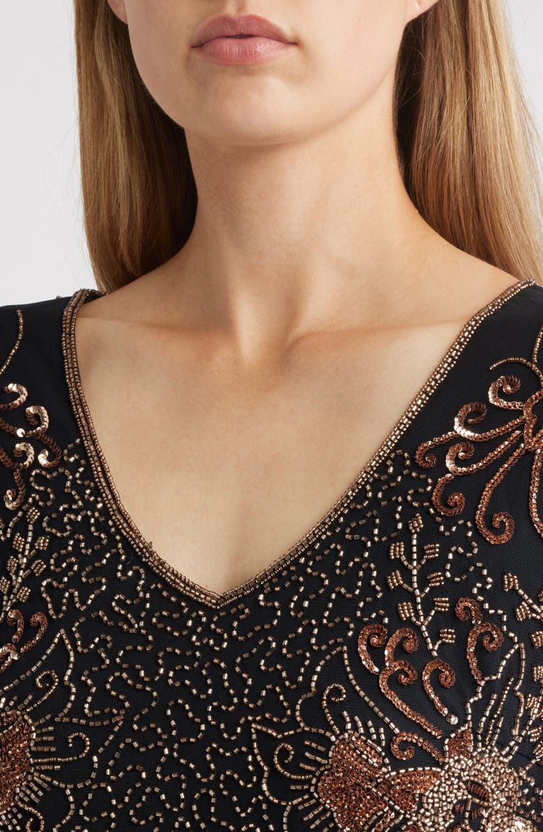 Pisarro Nights Beaded V-Neck Cocktail Dress, Alternate, color, Black/ Copper