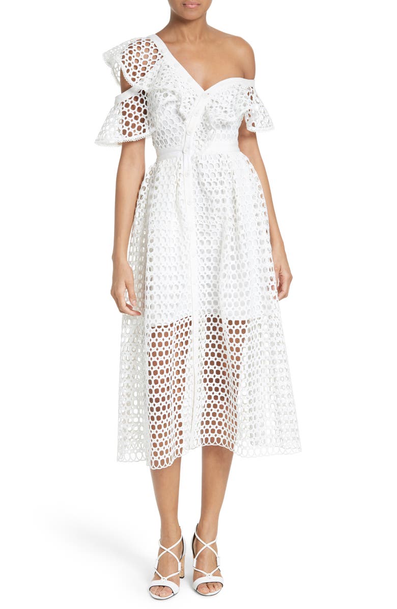 Self-Portrait Ruffled Lace Midi Dress, Main, color, 