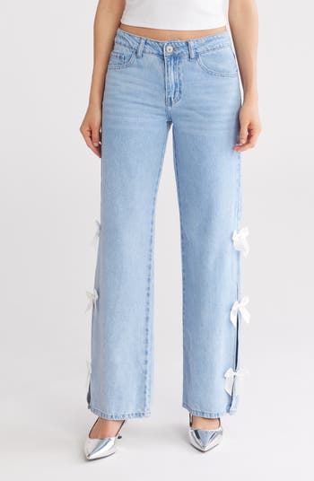 FLYING ANGEL Bow Covered Slit Wide Leg Jeans | Nordstromrack