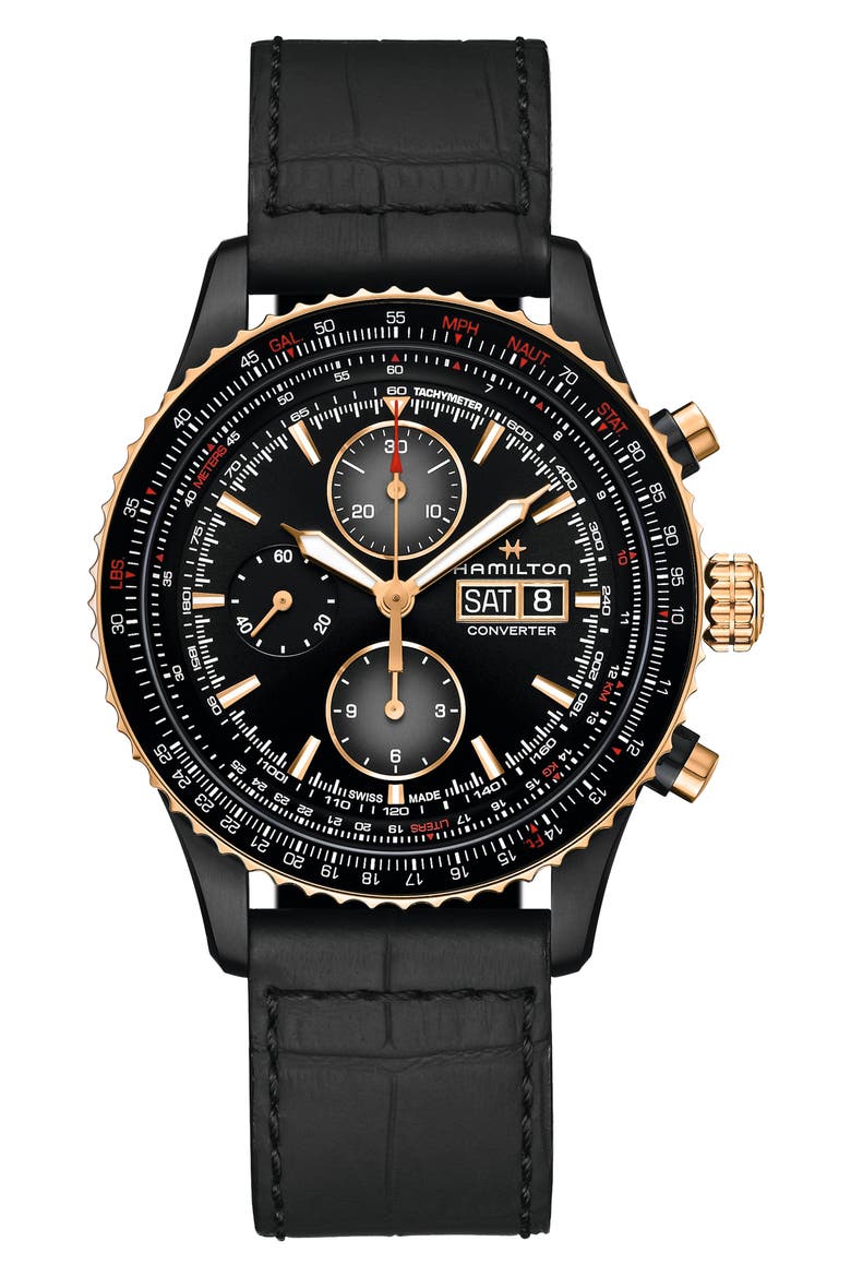 Khaki Aviation Converter Chronograph Leather Strap Watch, 44mm, Main, color, BLACK/BROWN