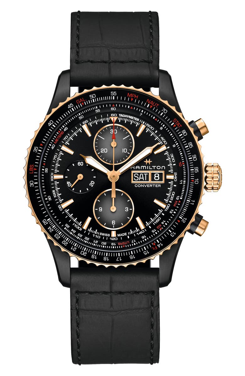 Hamilton Khaki Aviation Converter Chronograph Leather Strap Watch, 44mm, Main, color,