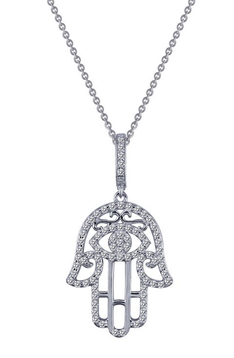 Platinum Bonded Sterling Silver Pavé Simulated Diamond Hamsa Pendant Necklace