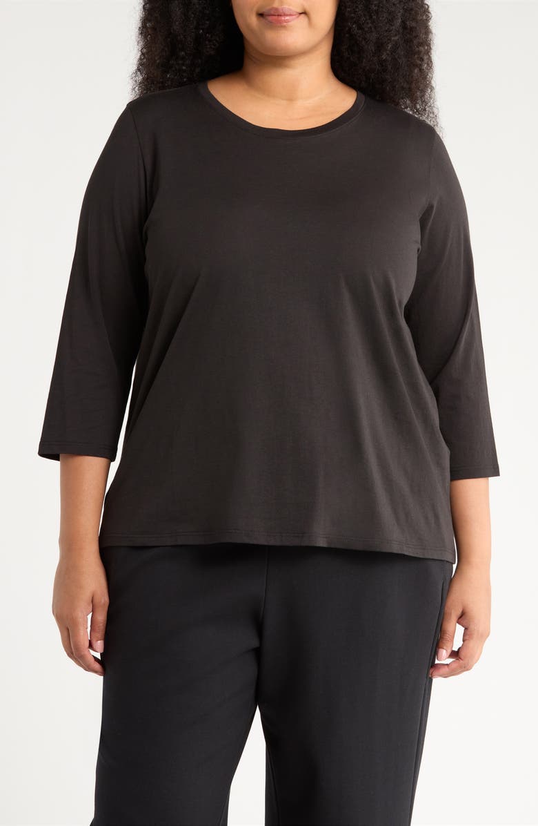 Eileen Fisher Easy Three-Quarter Sleeve Organic Cotton Jersey Top, Main, color, Black
