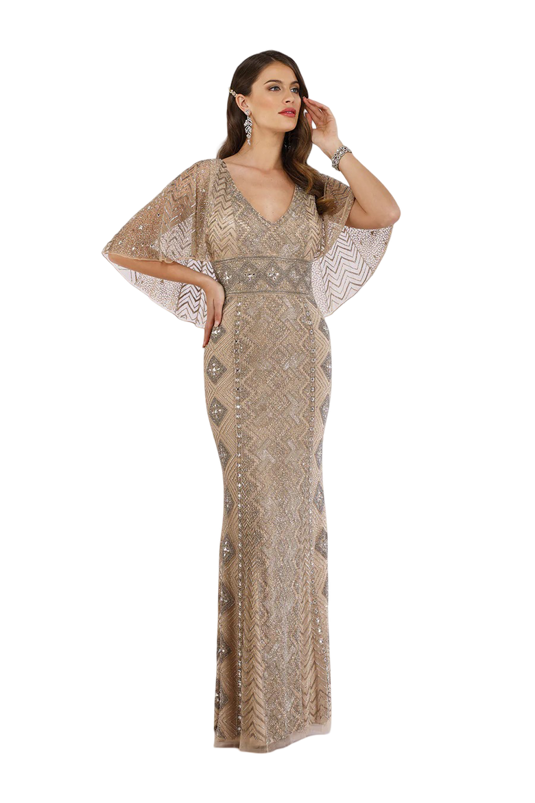 Cape Sleeve V-Neck Beaded Gown, Main, color, NudeSilver