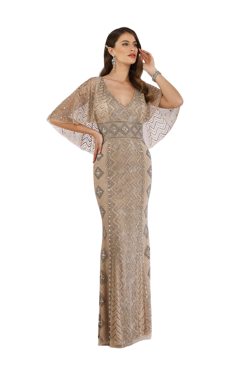 LARA New York Cape Sleeve V-Neck Beaded Gown, Main, color, Nudesilver