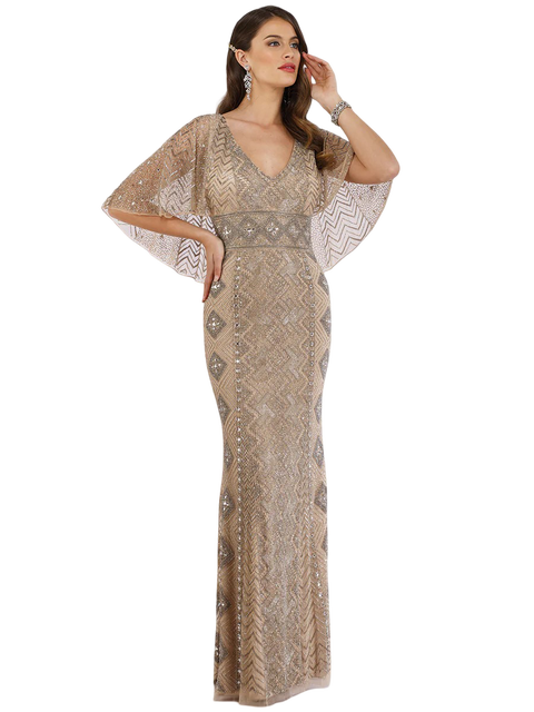 Cape Sleeve V-Neck Beaded Gown